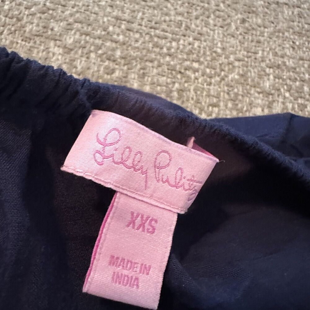 Lilly Pulitzer Womens Blouse Top Size XXS Off Shoulder Navy Pom Pom Hem Rayon - Picture 4 of 5